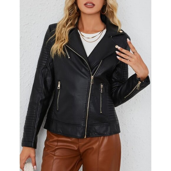 Women Black Faux Leather Casual Jacket Moto Biker Short Coat - Picture 4 of 9